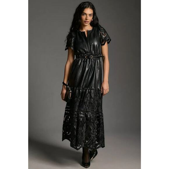 NWT Anthropologie The Somerset Maxi Dress: Faux Leather Embroidered BLACK XS - Picture 1 of 8